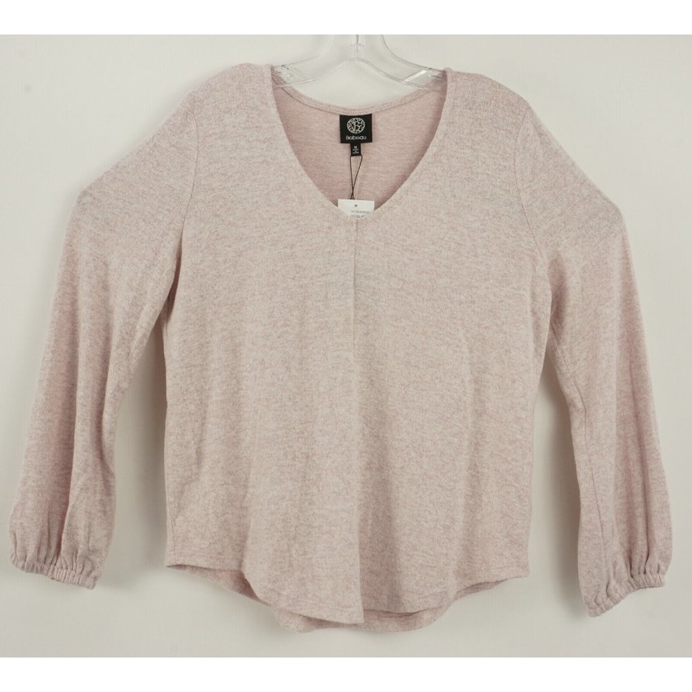 New Bobeau Women's Size M Angel Wing Pink Marled Knit Blouson‎ Sleeve V-Neck Top